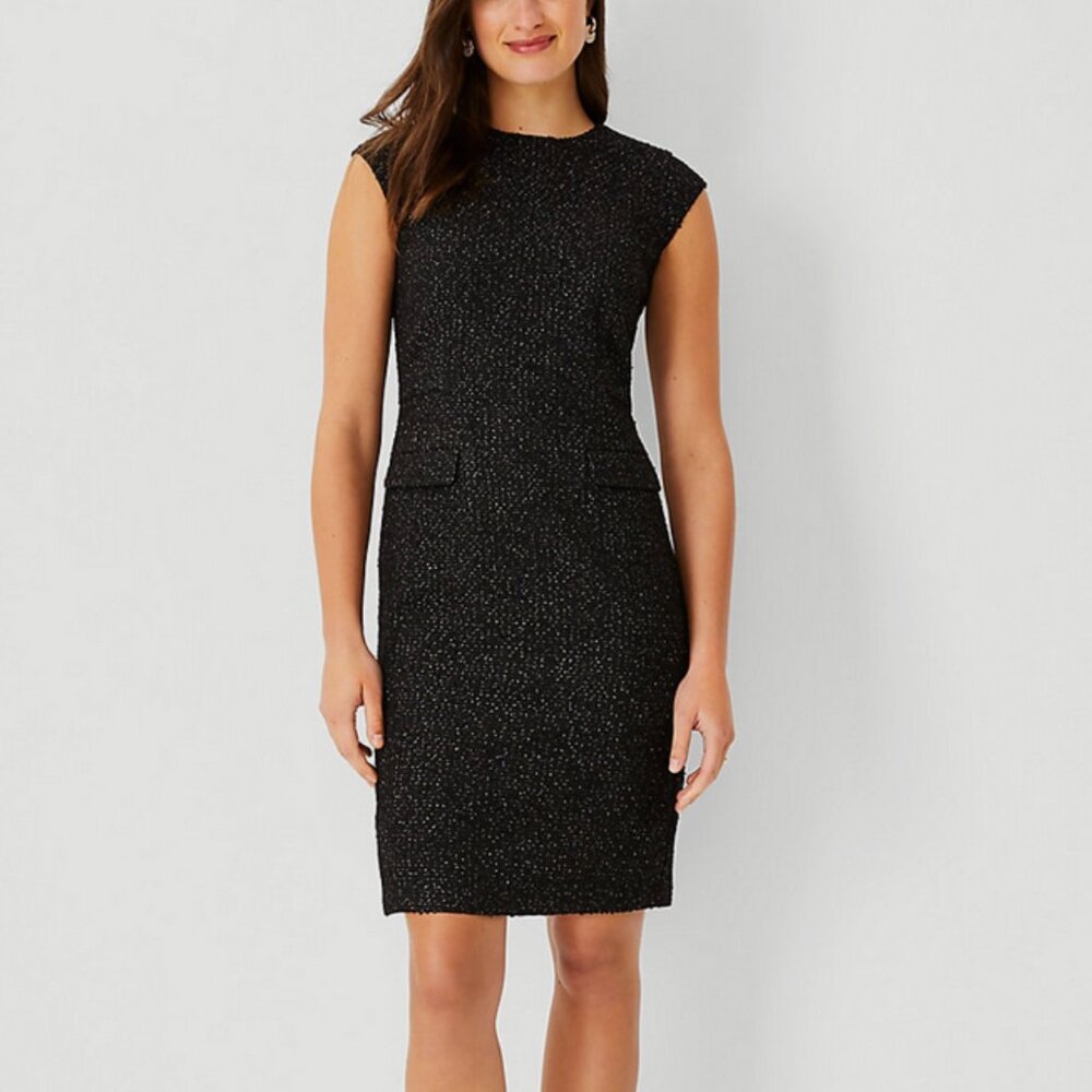 EUC Ann Taylor Black Shimmer Tweed Sheath Dress with Pockets | Size 10 Petite